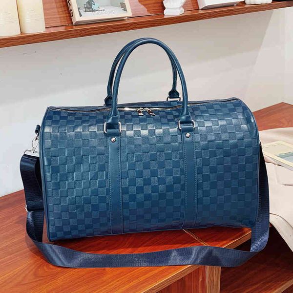

fashion plaid embossed short distance travel bag portable large capacity out luggage soft leather fitness, Blue;pink