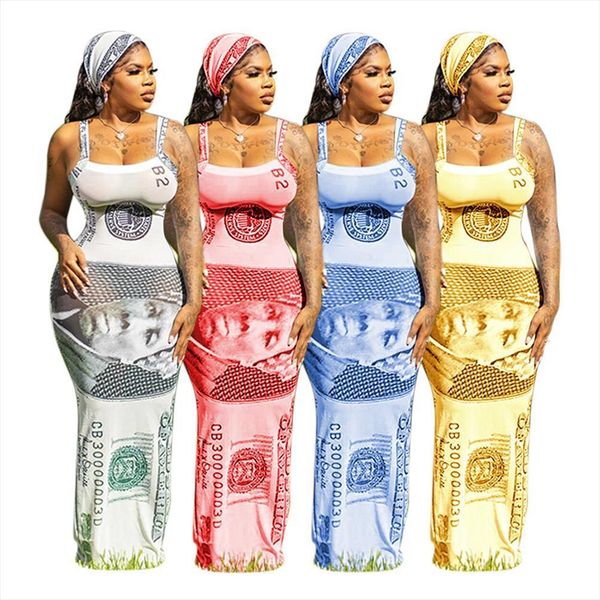 

money dollar printed streetwear women dress long party spaghetti strap wrap chest skinny summer backless robe femme scarf, Black;gray
