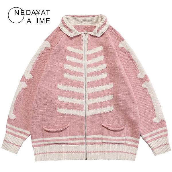 

men's jackets harajuku bone letter print sweater hip hop streetwear zipper pockets knitted jumper pullover loose knitwear jacket, Black;brown