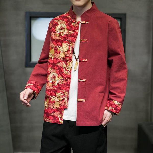 

ethnic clothing traditional chinese style shirt print hanfu men blouse tang suit clothes jacket cheongsam year coats v2280, Red