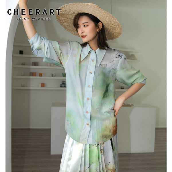 Kravat Boya Nane Yeşil Üst Uzun Kollu Bluz Kadın Gömlek Estetik Boya Splashing Tasarımcı Bayanlar Yaka 210427