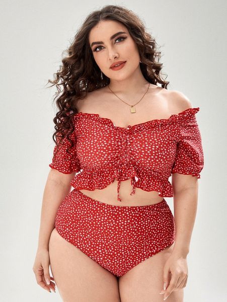 

plus ditsy floral frill bardot bikini swimsuit 4281#, Black