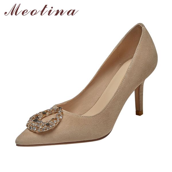 

meotina kid suede high heel shoes women real leather stiletto heels pumps pointed toe crystal wedding shoes ladies footwear 40 210520, Black
