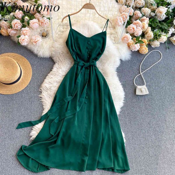 

kimutomo simple fashion dress off shoulder lace up waist v-neck single breasted spaghetti strap robe lady solid vestido 210521, Black;gray