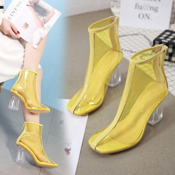 

boots 2021 summer crystal thick heel transparent rubber cool medium high women's single shoe, Black