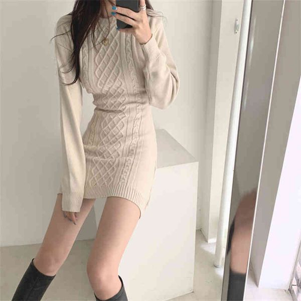 

korean temperament round neck sweater dress autumn and winter open back slim bag hip tight fit women chic thick knitted, Black;gray