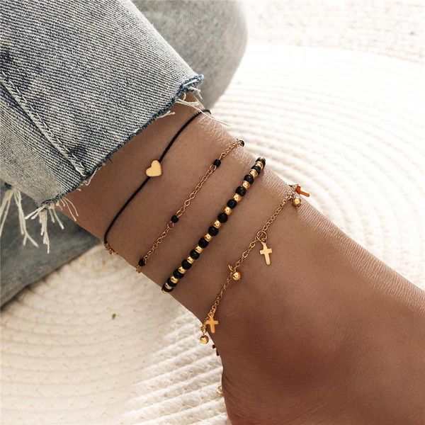 

anklets vagzeb bohemia crystal beads anklet set fashion gold color cross heart ankle bracelets for women summer beach foot jewelry, Red;blue