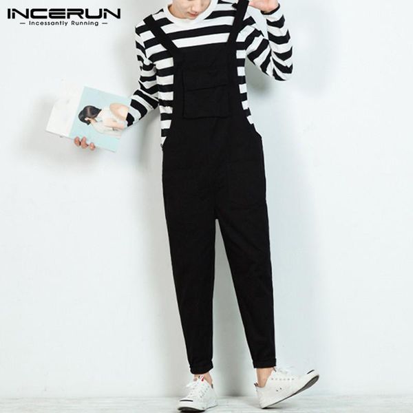 

men bib pants joggers cotton 2021 pockets solid color chic mens overalls suspender rompers streetwear fashion jumpsuits men's, Black