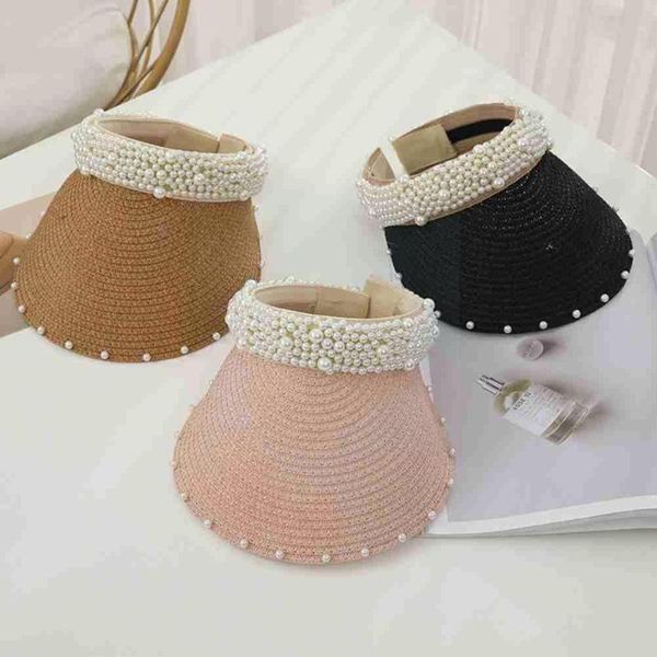 

wide brim hats 2021 fashion sun empty pearl straw summer visor sports sunshade beach cap large women caps outd d7f5, Blue;gray