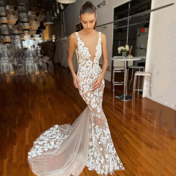 

lace appliques mermaid wedding dress bridal gowns deep v neck seeep train tulle beach boho bride dresses, White