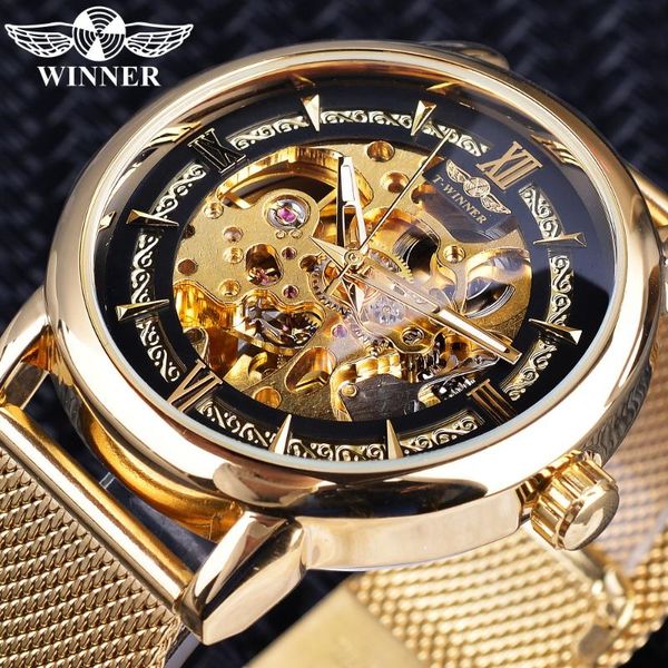 

wristwatches winner golden mesh band stainless steel gear movement mens transparent case skeleton wrist watches top, Slivery;brown