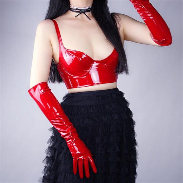 

fingerless gloves patent leather female bright red extra long imitation genuine 50cm unlined cosplay woman mittens pu25, Blue;gray