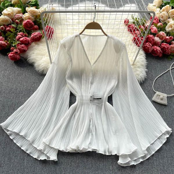 

women's blouses & shirts autumn flare long sleeve beach blouse solid vneck chiffon pleated ruffle shirt women blusas belt streetwe, White