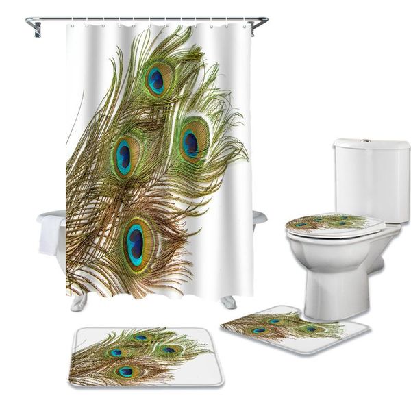 

shower curtains peacock feather green bathroom curtain set bath mat sets with hooks non-slip pedestal rug toilet cover