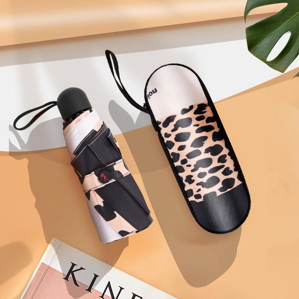 

umbrellas fashion leopard mini umbrella five folding uv luxury rain women portable summer outdoor pocket sun girls gift