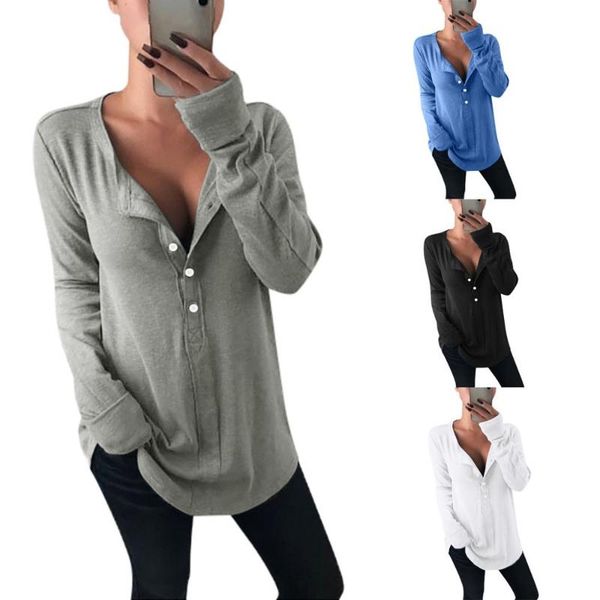 

women's t-shirt ladies casual t-shirts long sleeve autumn fashion button simple solid color loose long-sleeve t shirts, White