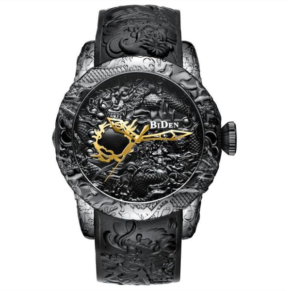 Armbanduhren Kreative 3D-Skulptur Drache Herrenuhr Lasergravur Schnitzerei Gold Schwarz Lederband Reloj Negro Hombre Männliche Armbanduhren