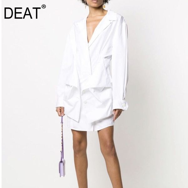 

women white cross stitch irregular blouse lapel long sleeve buttons fake two pieces cotton shirt dress 1x021 210421