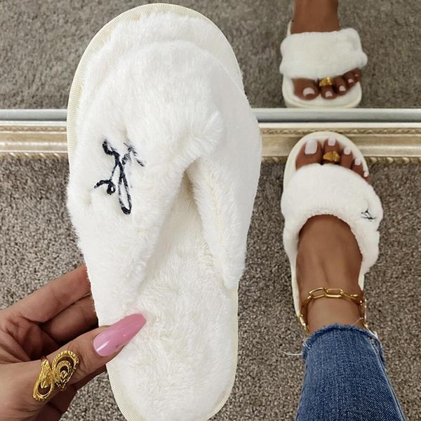 

slippers fashion women's casual shoes breathable outdoor pure color winter warm soft furry home open toes flat, Black