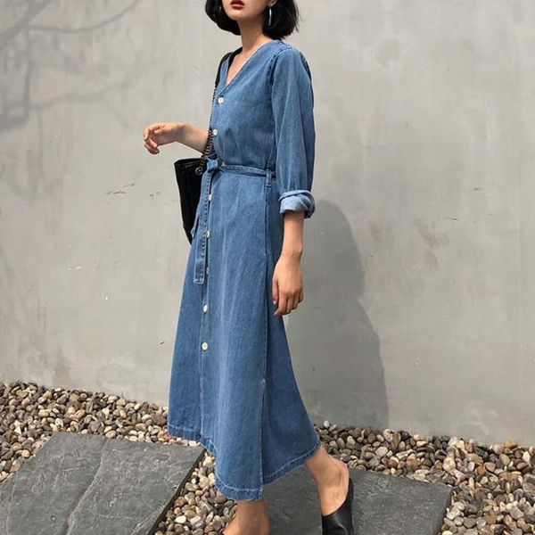 Vestidos Casuais Mulheres Denim Blue Button Botão Split Coreano Feminino Verão Moda Janpanes Robe Long Maxi Jeans Vestido 2021