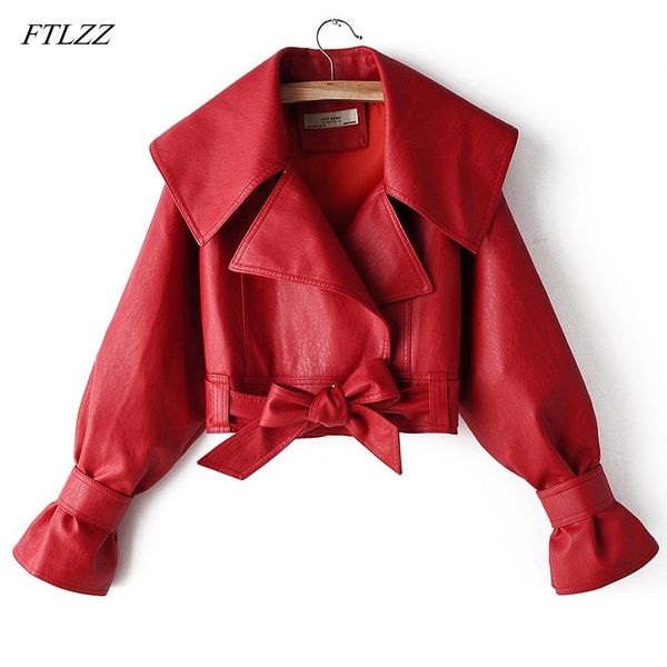 Automne Faux Veste en cuir souple Femmes Lâche Turndown Col Manteau Court Bow Ceinture Biker Noir Rouge Moto Outwear 210423