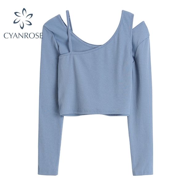 

long sleeve crop t shirt women outfits spring pullover solid deep crewneck tees female elegant stylish e-girl sets 210515, White