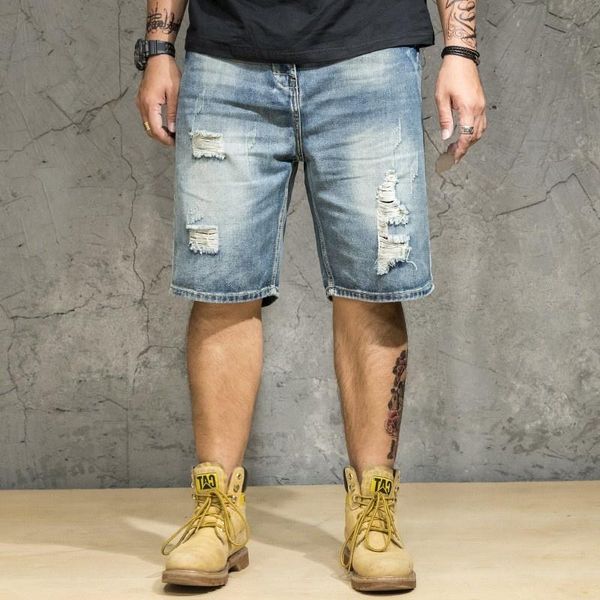 

men's jeans shorts summer denim hole distressed loose casual thin section large size 6x, Blue