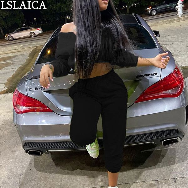 

tracksuit women off shoulder sweatshirt waistless fashion streetwear two piece set pocket casual dresy damskie 210520, White