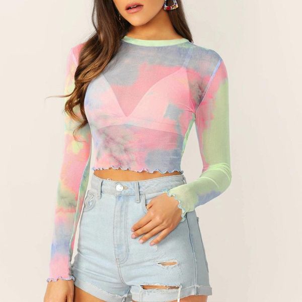 

women's t-shirt rainbow mesh print crew neck women oversized long sleeve tights t shirt for kawaii clothes summer, White
