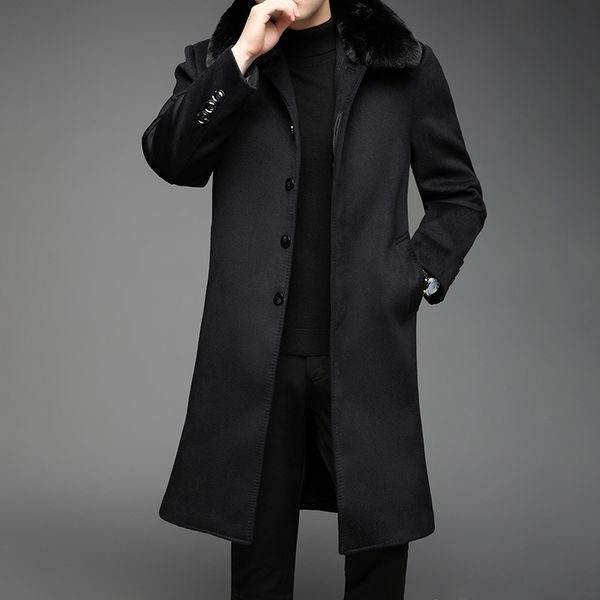 

men's trench coats 2021 father's winter cashmere men's medium long and elderly woolen coat thickened middle-aged windbreaker, Tan;black