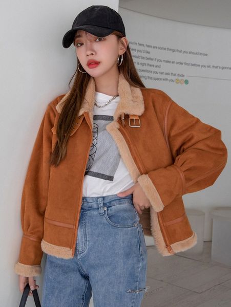 

dazy buckled detail teddy lined suede jacket m4ma#, Black;brown