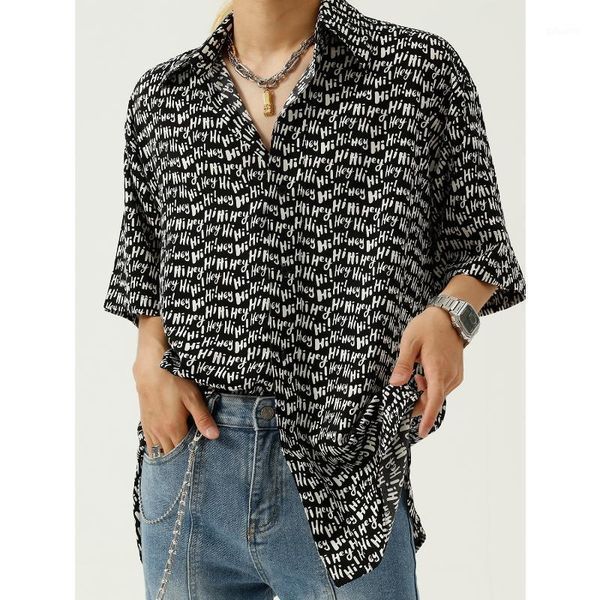 

men's casual shirts letter printed short sleeve shirt men korean clothes black white lightweight summer hiphop streetwear hawaiian loos, White;black