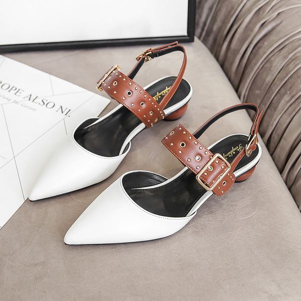 

spring and summer new low heel fashion white pointed shallow mouth single shoe rivet back space color matching round women's shoes outl, Black