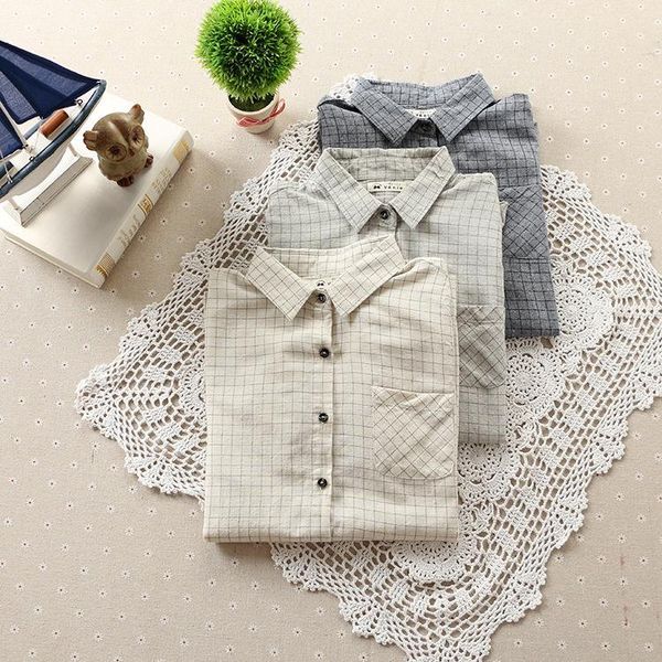 

women's blouses & shirts plaid cotton shirt long sleeve women blouse, White