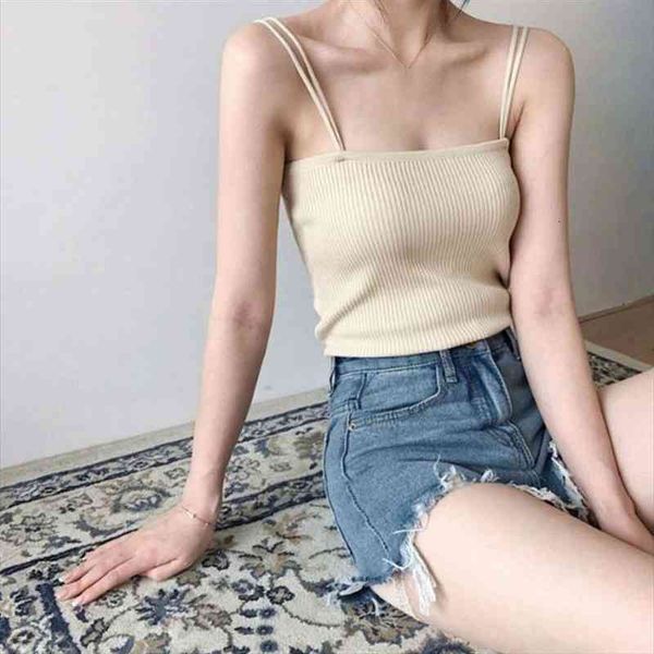 

summer sleeveless halter women double shoulder strap knitted suspenders dress collocation wholesale, White