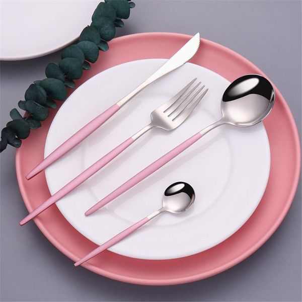 

pink silver stainless steel tableware set kitchen utensil reusable dinnerware spoon fork knife combination flatware sets