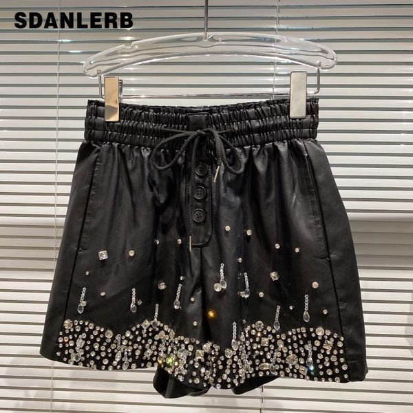 

women's shorts wide leg leather 2021 autumn winter particles rhinestone beaded elastic waist three-point tide black short pants, White;black