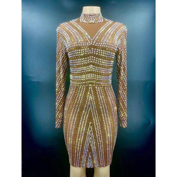 

casual dresses sparkly ab gold rhinestone transparent mini dress evening birthday celebrate party costume women dancer show, Black;gray