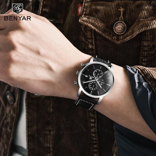 

wristwatches product benyar multi-function chronograph watch men's fashion sports quartz calendar waterproof, Slivery;brown