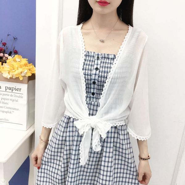 

women's jackets #8245 summer kimono jacket women thin sunscreen femme see through coat short cardigan spliced lace, Black;brown