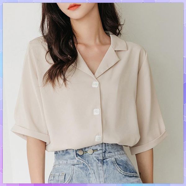 

women's t-shirt white shirt chiffon shirts women short sleeve t-shirts 2021 summer solid ladies button-down oversize female clothin