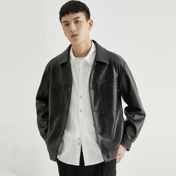 

haining sheep 2021 new lapel loose wide casual leather korean et men, Black