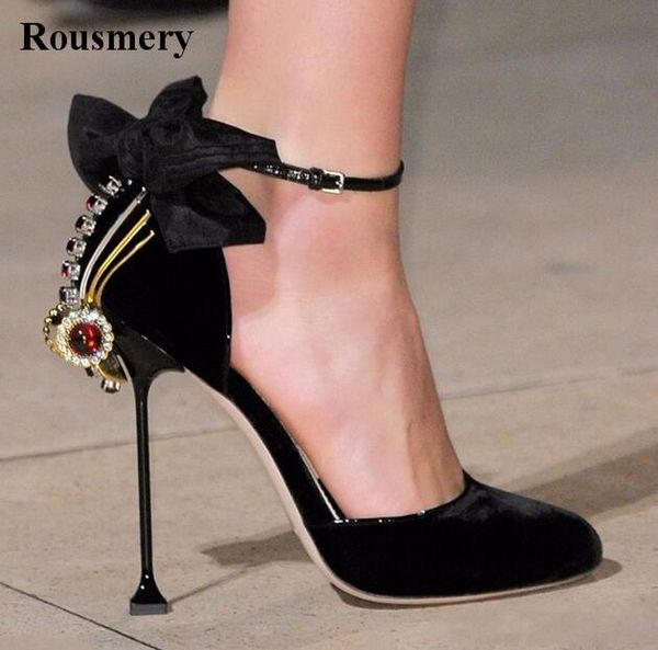 

women round toe crystal embellished ankle strap butterfly-knot pumps stiletto heel rhinestone dress high heels wedding shoe shoes, Black