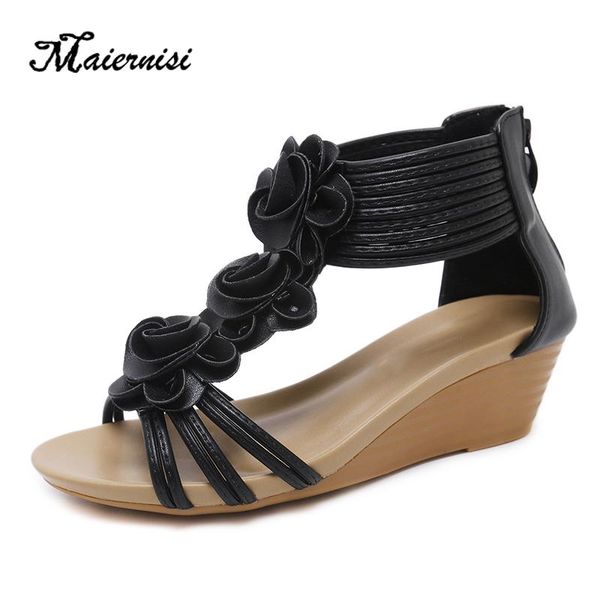 

women summer casual bohemia flat sandals shoes woman flower flip flop sweet beach ladies size, Black