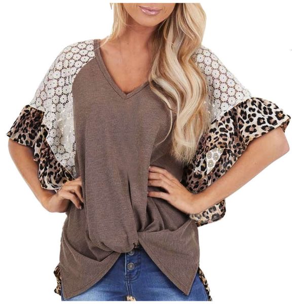 

fashion leopard pattern raglan sleeve lace irregular twist hem modal t-shirt for women, Black;gray