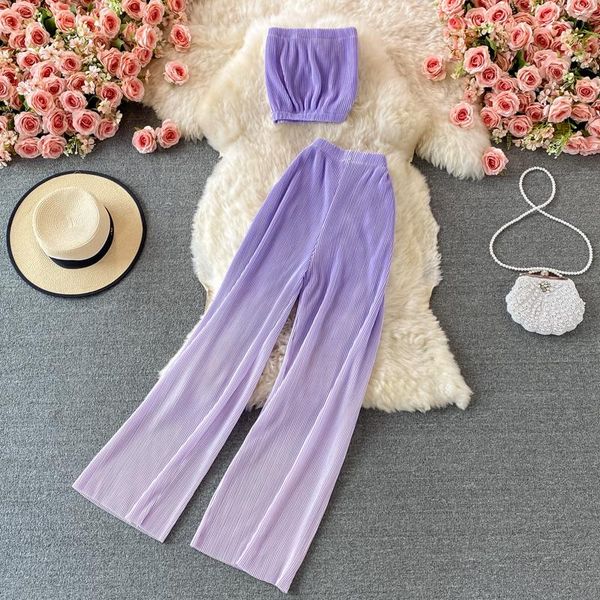 

women's two piece pants pink/purple/blue draped 2pcs set for women summer short strapless + high waist casual female pleated suits, White