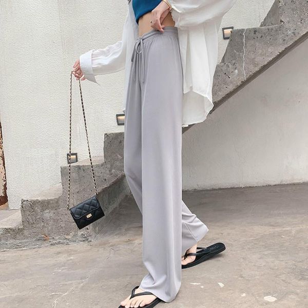

high waist soft comfort women capri casual summer slacks silk full length long trousers female, Black;white