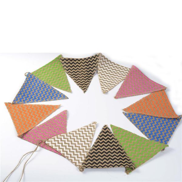 

party decoration 12pcs 18.5x20cm banner jute burlap flags rustic style for birthday festival with colorful wave wedding supplies