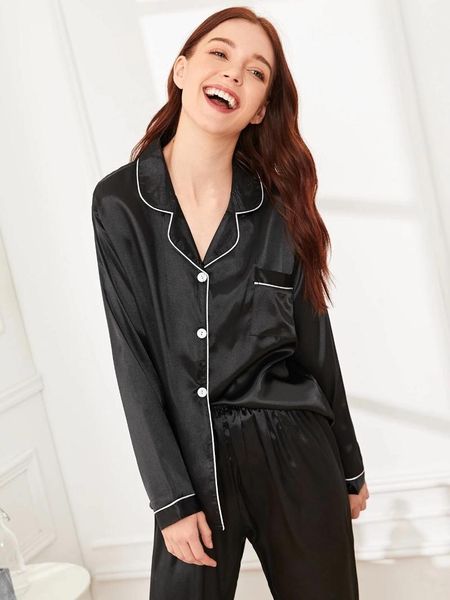 

silk women homewear long sleeve korean style pajamas women's suits solid color cardigan imitation casual home clothing sleepwear, Black;red