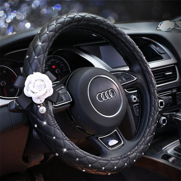 

steering wheel covers 38cm diameter anti-slip pearl camellia rhinestone car cover four seasons universal black white pink